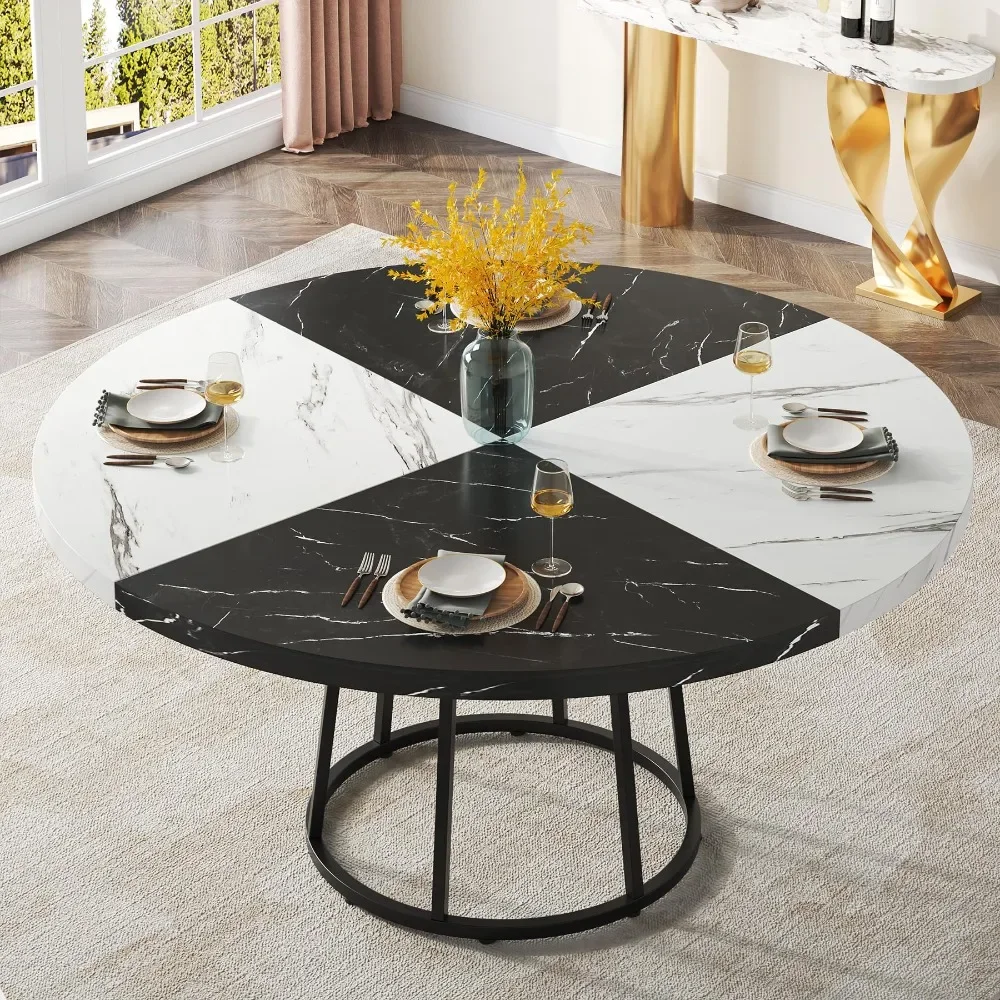 47 inch Dining Table for Dining Room, Round Dinner Tables with Faux Marble Top Heavy Duty Metal Circle Pedestal (Only Table)