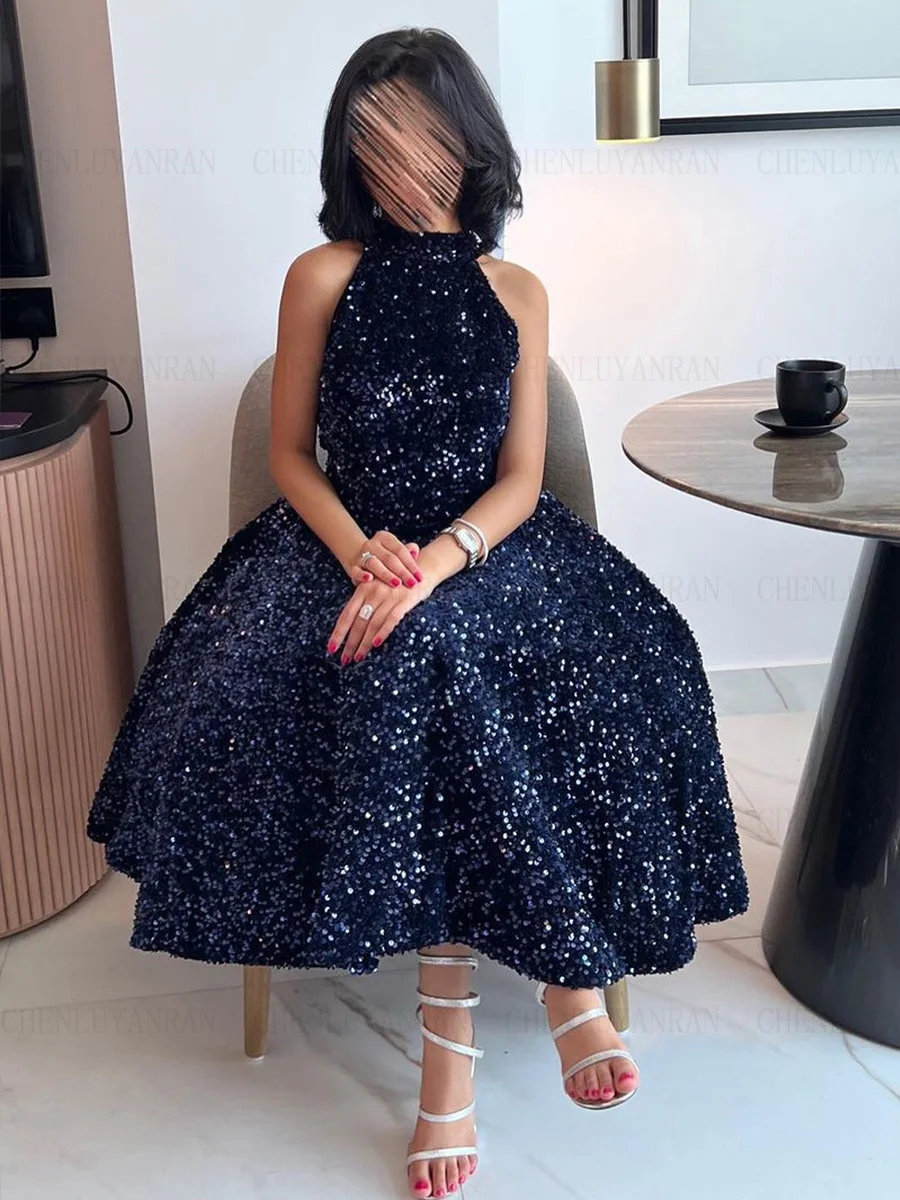 

Simple Short Formal Occasion Dresses 2023 Halter A-line Sequin Ball Gowns Tea-Length Elegant Evening Party Gowns فساتين الحفلات