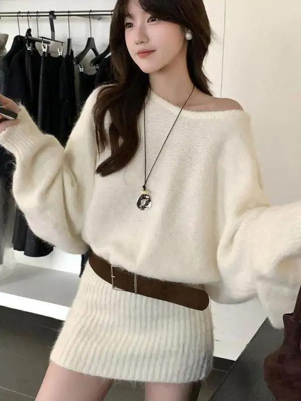 Laid-back Shoulder Bared Knitted Sweater Unique Loose Waist-Cinching Baggy Midi Dress with Belt for Women Autumn Fashion - view 4