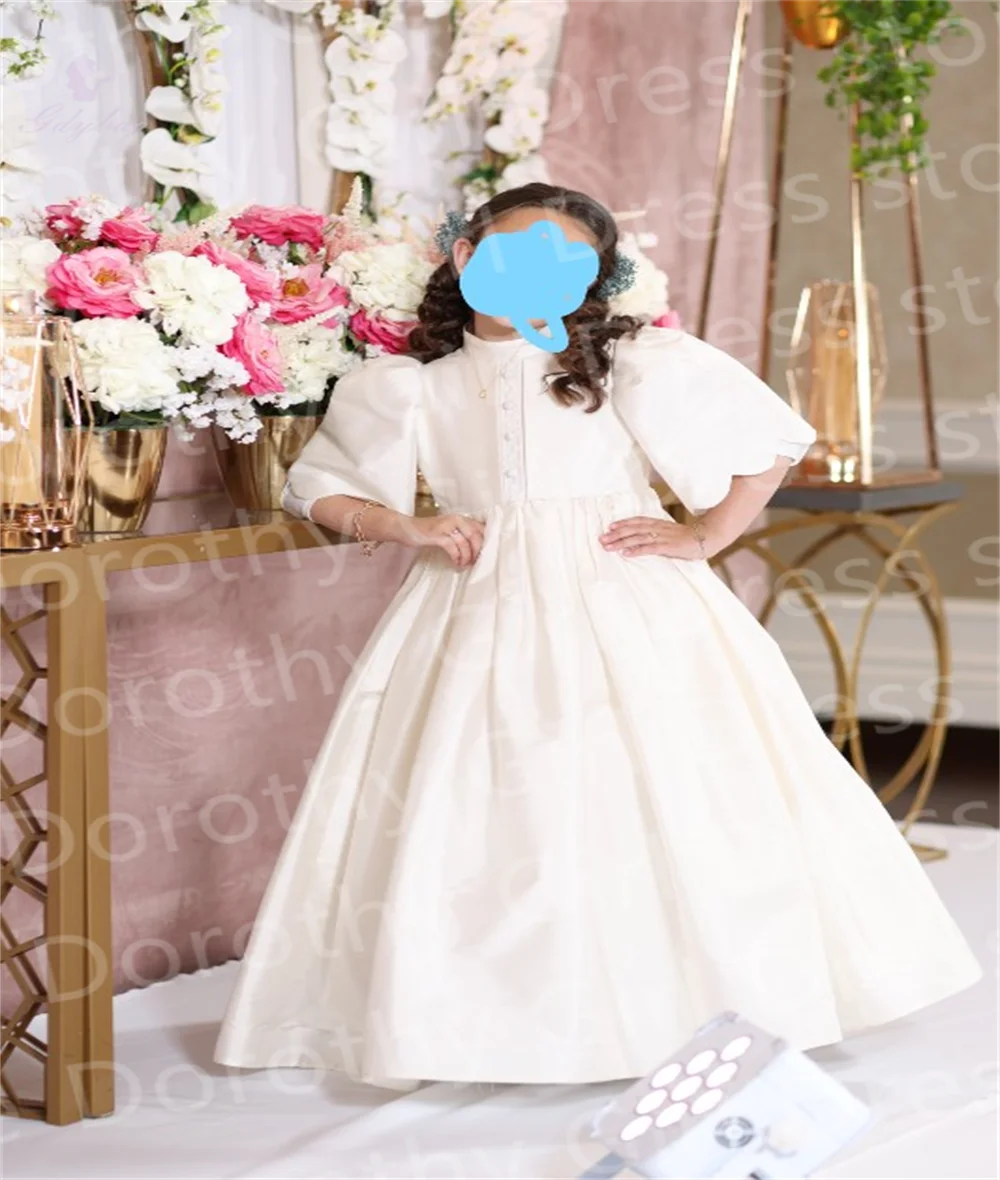 

Ivory Satin Beautiful Flower Girl Dress With Buttons For Beauty Pageant Piano Performance Customization