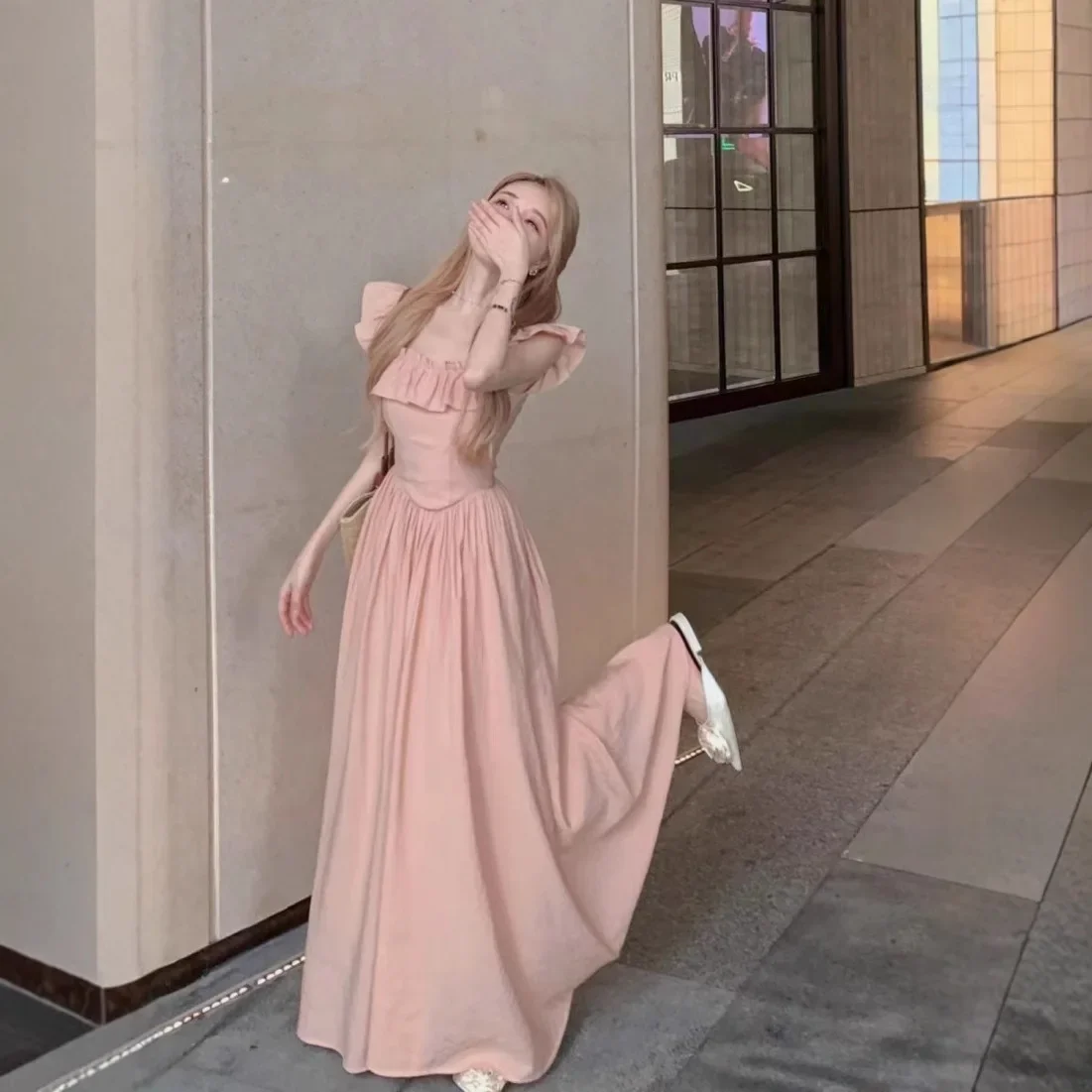 Robe gelatinuse pêche, nouvelle mode d'été, Style français, col carré, cintrée à la taille, jupe longue Slim, vêtements pour femmes