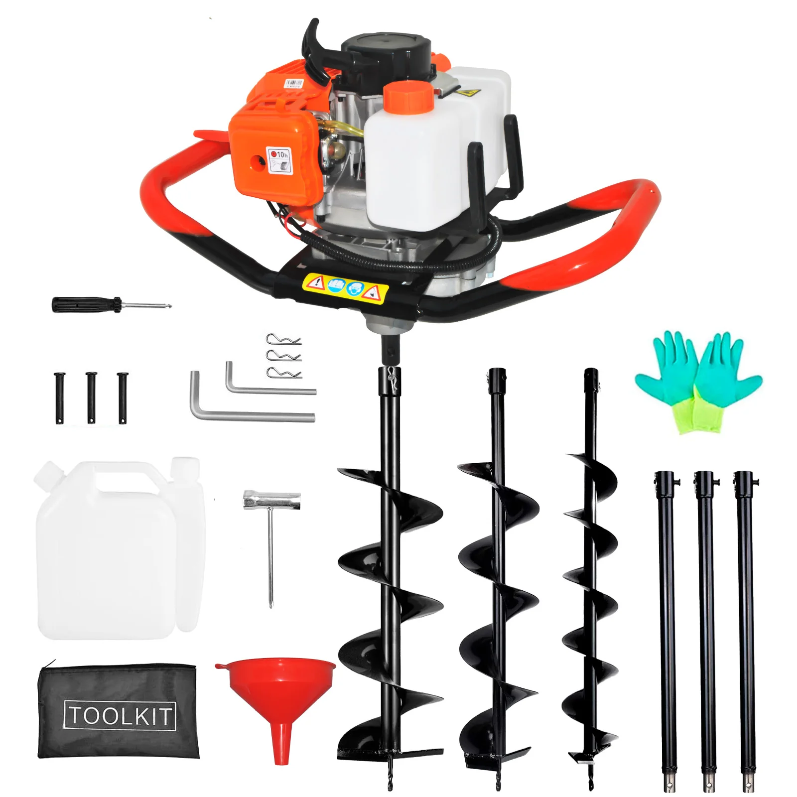 

Бензиновый земляной бур 62 куб. см, 2,8 л.с., новая модель 2025 года, бензиновый шнековый бур/ледоруб, с насадками 3/6/8 дюймов