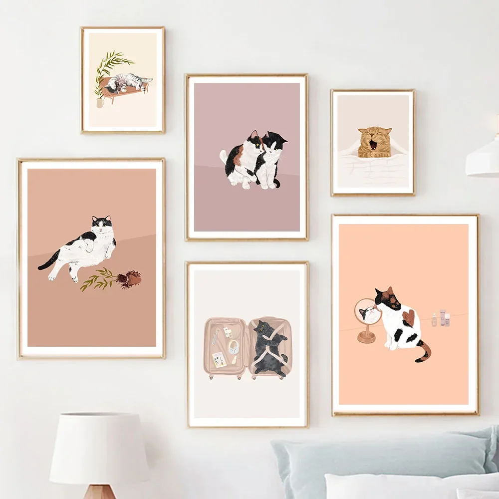 1pc frameless Canvas Scandinavian Simple Retro Wall Art Modern Cat Drinking Pizza HD Canvas Poster Print Home Bedroom Living Roo