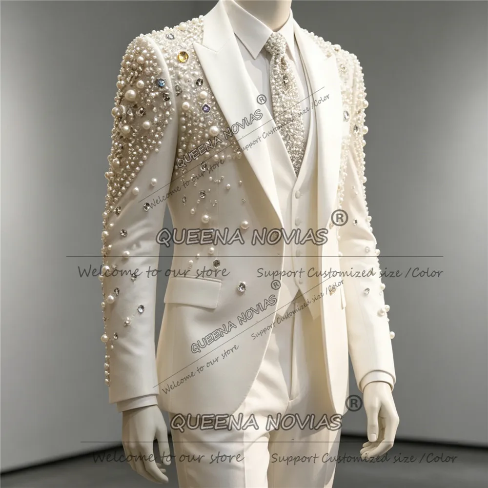 Luxury Crystals Pearls Suit Men Slim Fit Single Breasted Prom Groom Blazers Customized 3 Piece Sets Man Business Party Tuxedos