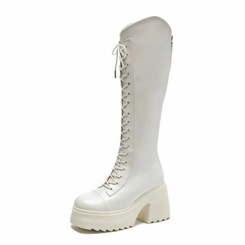 Women's High Boots Front Lacing High Tube Middle Follow Thick Sole Fashion Boots Solid Color Round Head Platform Shoes Commuting