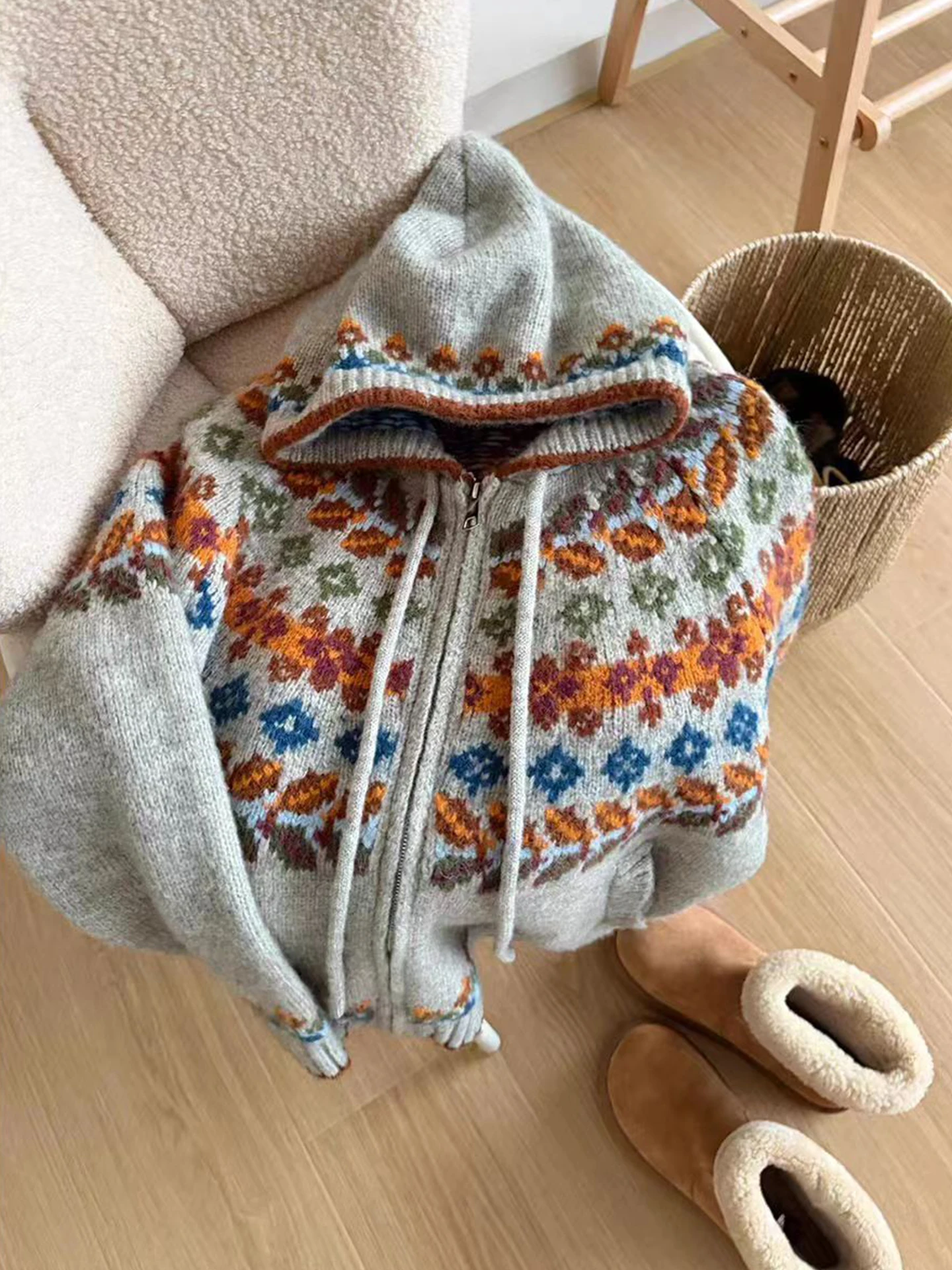 

Retro Knitted Hooded Open Cardigan Women's plus Size Loose Thiened Autumn Winter Sweater Jaet Comfortable Warm Commute Sle