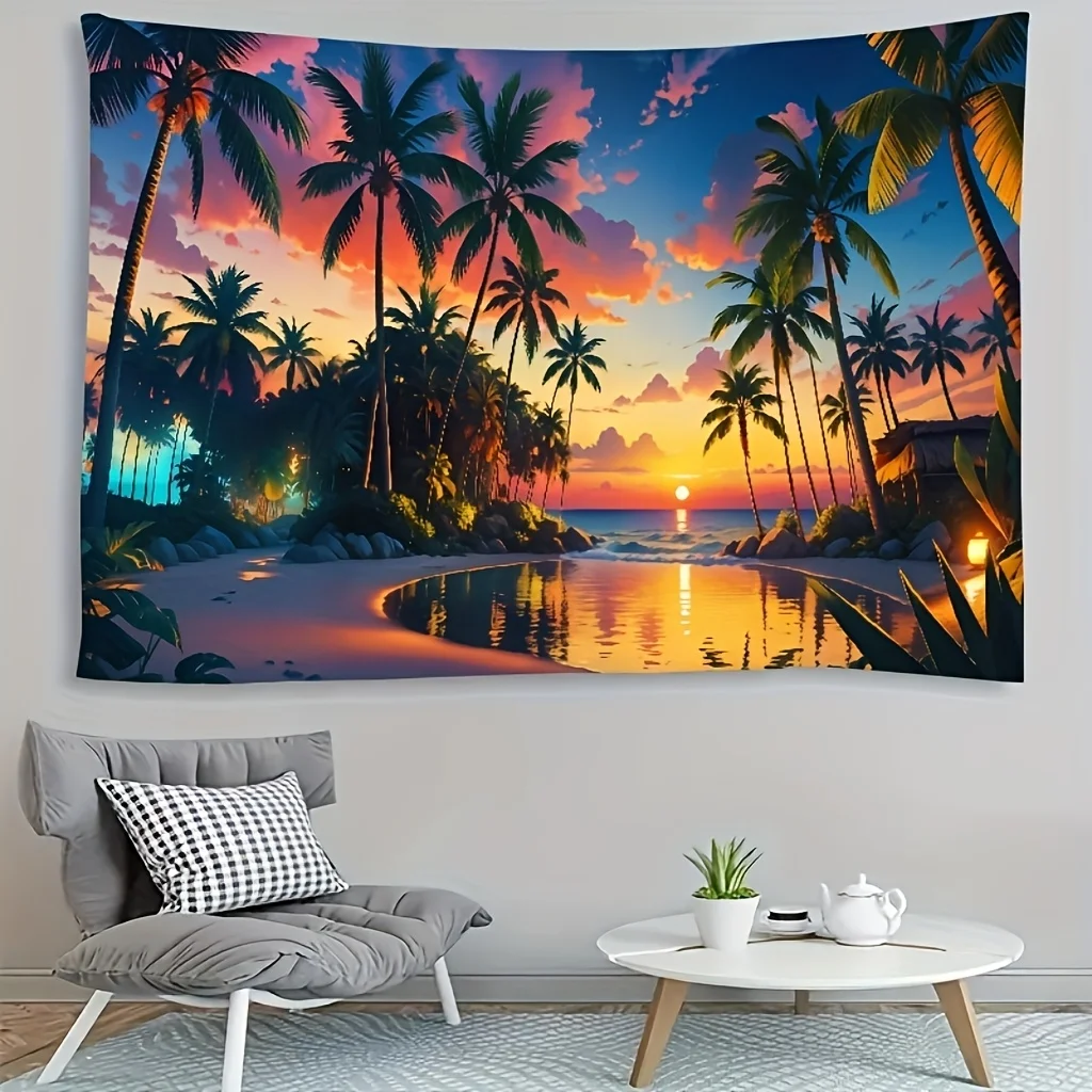 Tropical Sunset Beach Tapestry: Serene, Vibrant, and Blissfully Relaxing Wall Art for a Coastal Decor Statement