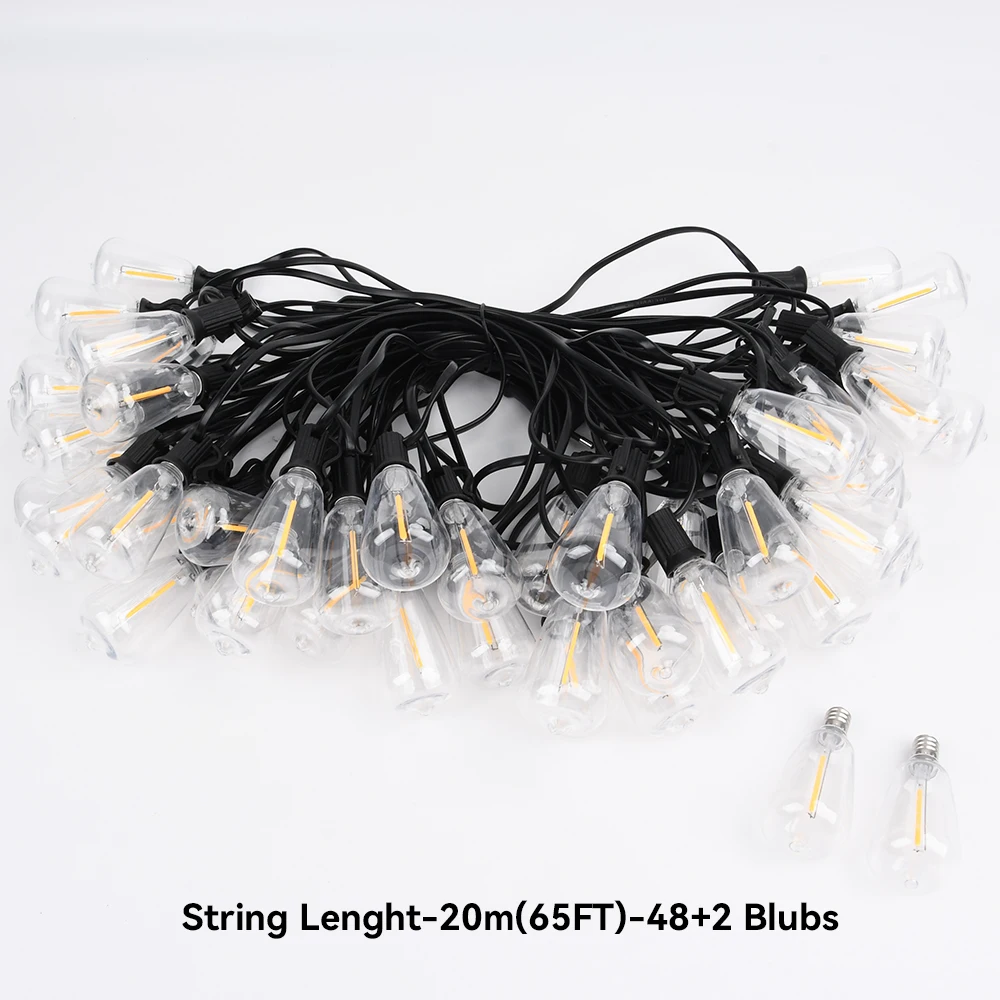 65FT Outdoor-Girlanden-Lichterkette, 48 LEDs + 2 bruchsichere ST38-Edison-Glühbirnen, wasserdicht, für Terrasse, Veranda, Garten, Hochzeit, Dekor, Lampen, 2200 K – Detail 10