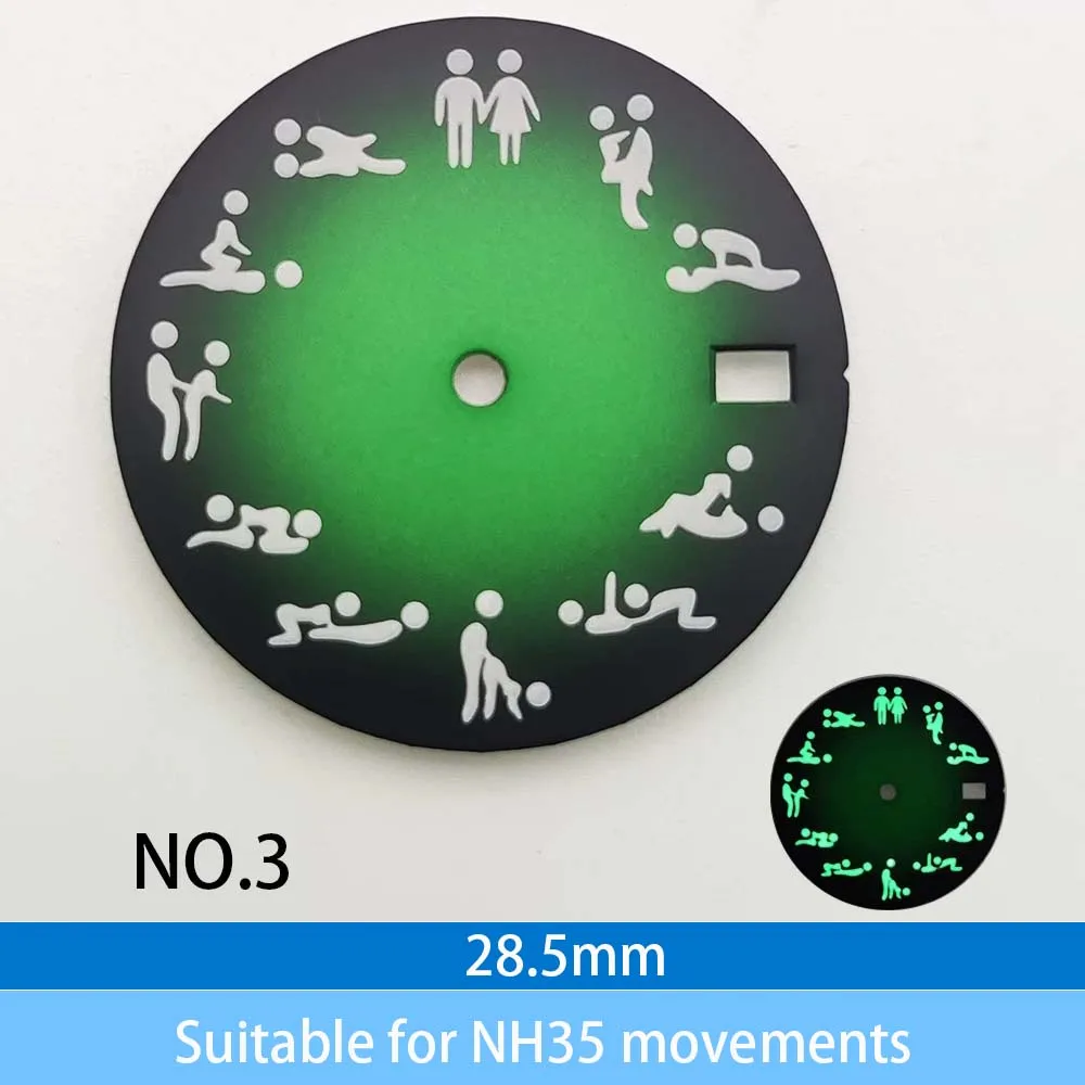 новый стерильный циферблат диаметром 28,5 мм подходит для механизма NH35, с окошком даты и зеленой люминесценцией.