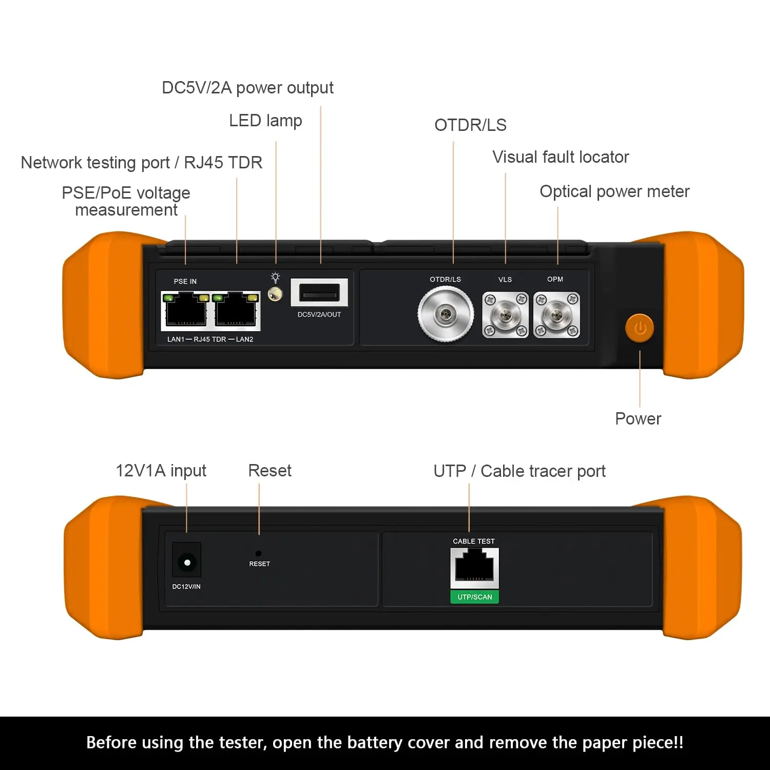 MOT-73 OTDR Tester 1310/1550nm 28/26dB 7" Touch Screen with VFL OPM Light Source Optical Loss Test RJ45 Cable Network Tools