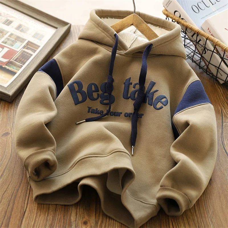 Boys Letter Printed Hoodies Children Thick Warm Casual Sweatshirts Kids Plus Velvet Drawstring Clothes Teen Fashion Tracksuit