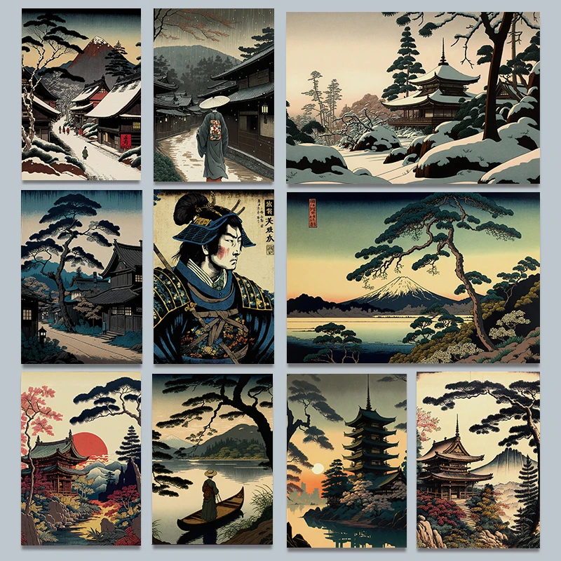 Retro Japanese Ukiyoe Poster Samurai Geisha Temple Village Mount Fuji Canvas Painting Rural Landscape Wall Art Picture Home Deco