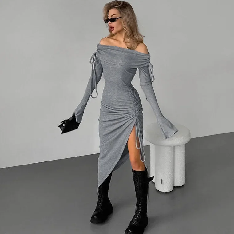 

Women Clothes Sexy Off The Shoulder Slim-fit Slit Flared Sleeve Dress 2024 Autumn Fashion Women Solid Color Long Dress