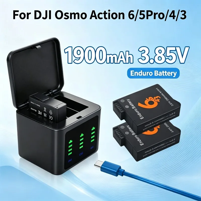 2PCS 1900mAh Battery for DJI Osmo Action 6/5Pro/4/3 Action Camera Full Decoded No Pop‑up And Fast Charger for Osmo Accessories