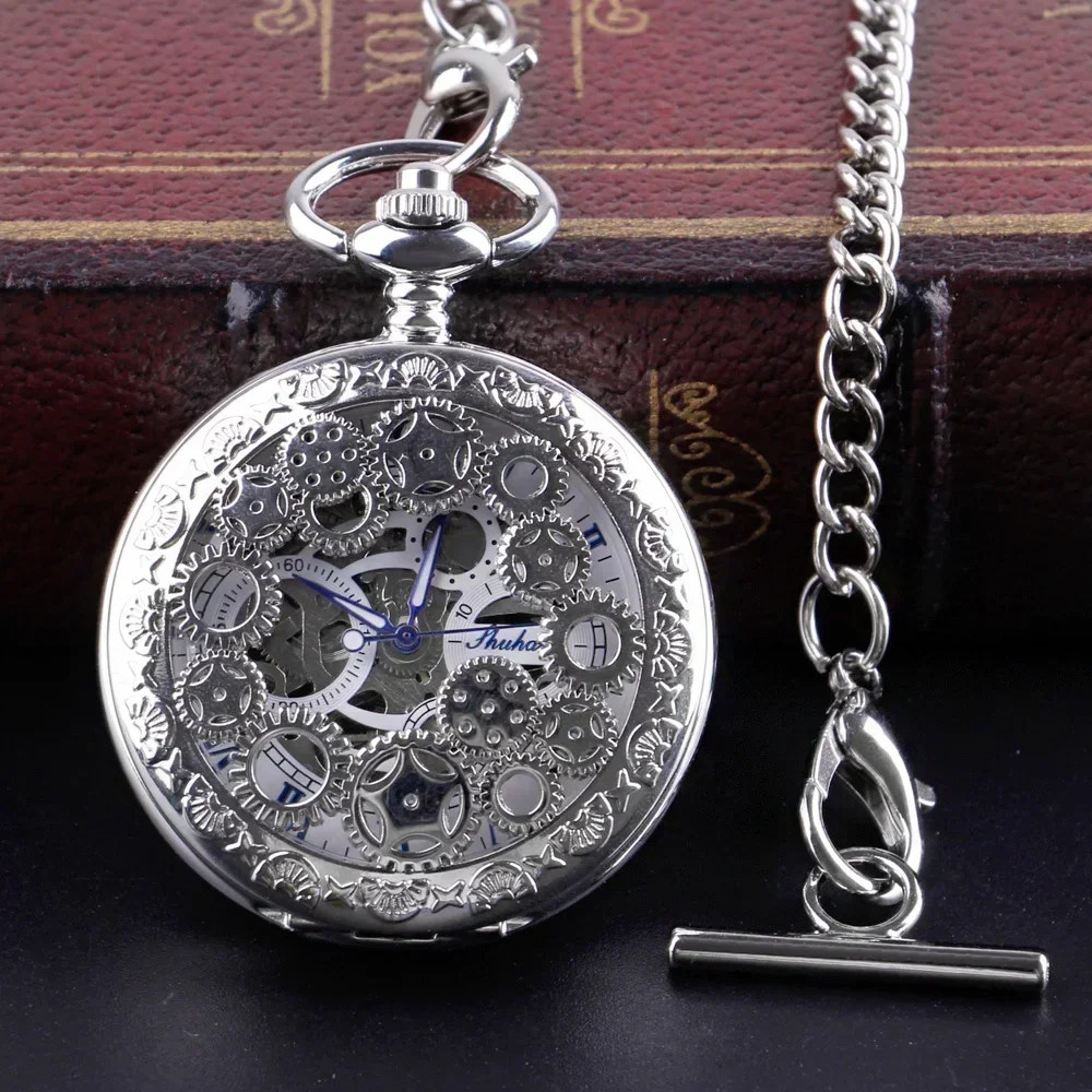 

Vintage Steampunk Gears Hollow Mechanical Pocket Watch Fob Chain Hand Wind Skeleton Necklace Clock Men Womens Gifts PJX1725