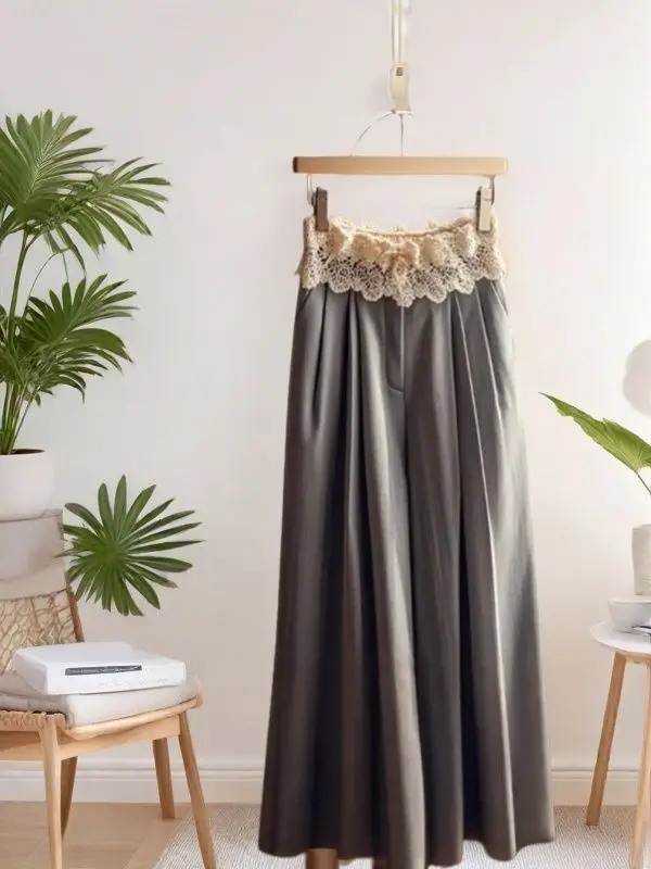 Gray lace high-waisted sports wide-leg straight-leg pants children's new spring small wear women y2k pants