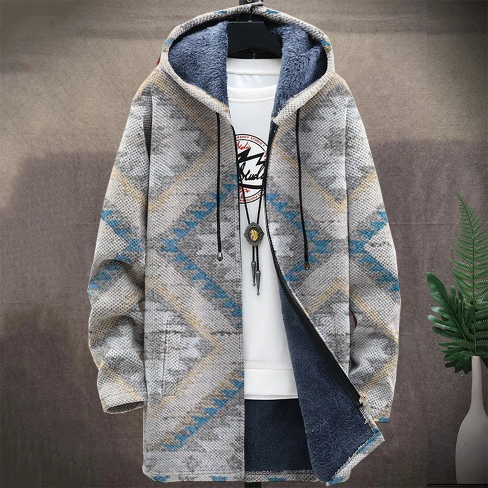 Men'S Native Retro Aztec Block Graphic Winter Coat Print Pattern Knitted Sweater Cardigan Zipper Hooded Thick Fleece For Youth