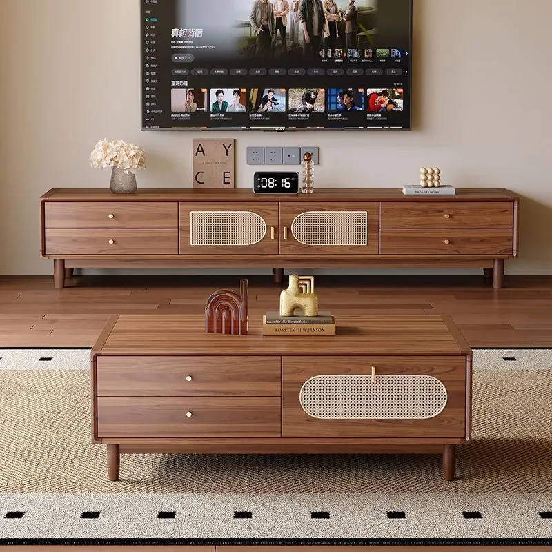 2026 New Retro Solid Wood Coffee Table and TV Cabinet Combo Living Room Simple Light Luxury Floor Storage Unit Home Furniture