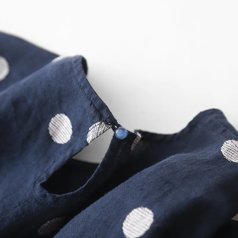 레트로 블루 폴카 도트 코튼 린넨 여성 드레스 루즈 긴 소매 라운드 넥 봄 가을 신상 편안한 A라인 가운