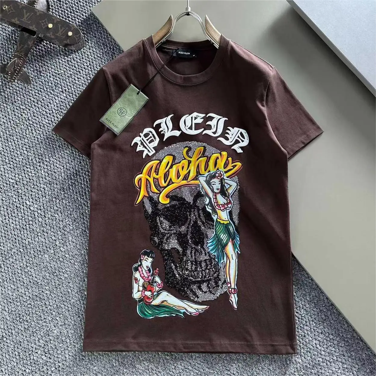 Alex Plein Skulls Rhinestones Men\'s Fashion Clothing Couple Streetwear 2023 Summer Round Neck Short Sleeve Cotton Casual Tshirt