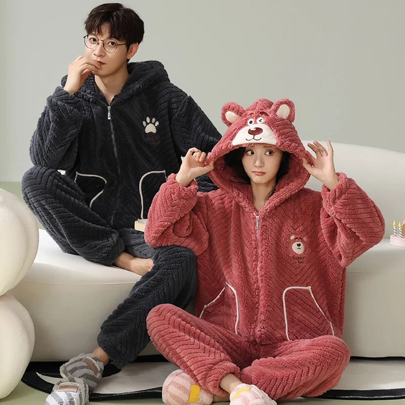 

Couple Pajamas Winter Flannel Sleepwear Long Sleeve Coral Fleece Warm Pajamas Men Pajama Sets Homewear Korean Kawaii Clothes