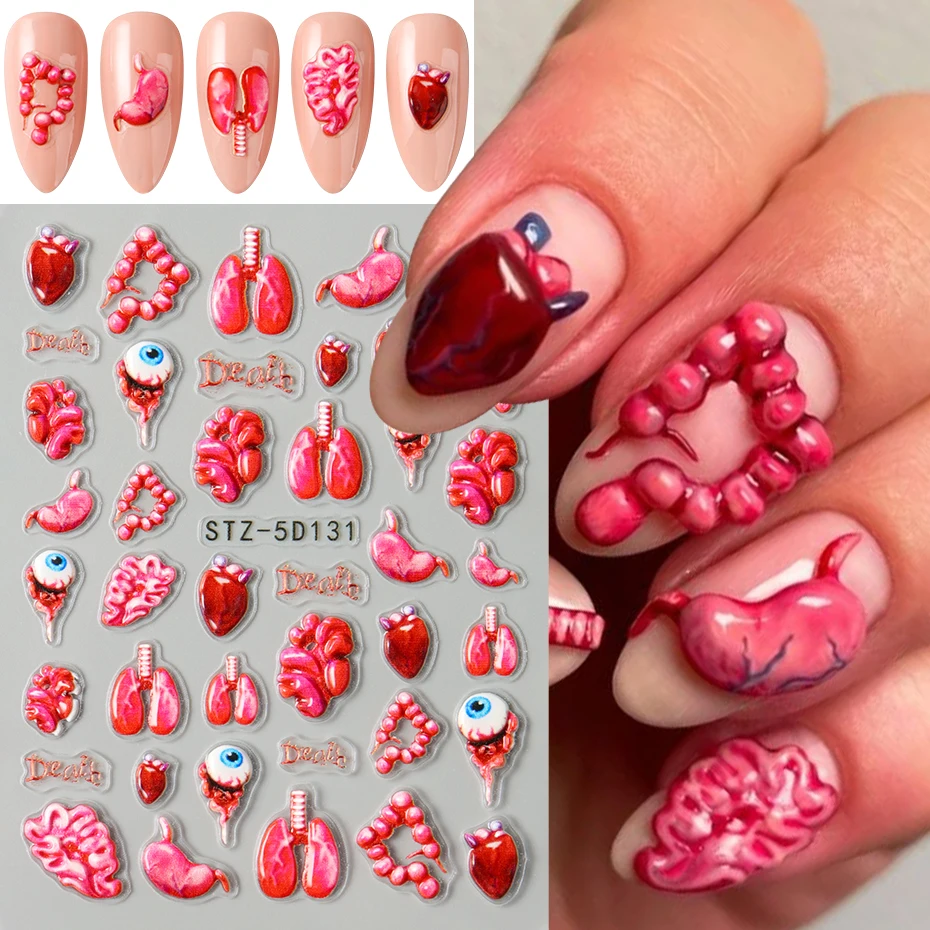 2 stücke 5D Envy Eye Halloween Nail art Aufkleber Herz Lunge Rot Farben Terror Design Sliders Maniküre Klebstoff Nail art Dekoration