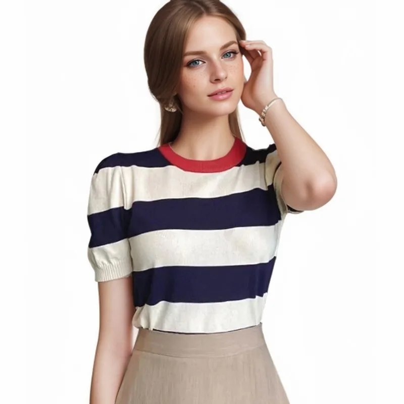 Korean Fashion Woman O Neck Color Striped Crop Tops Casual Summer Short Sleeve Knitted T-Shirt