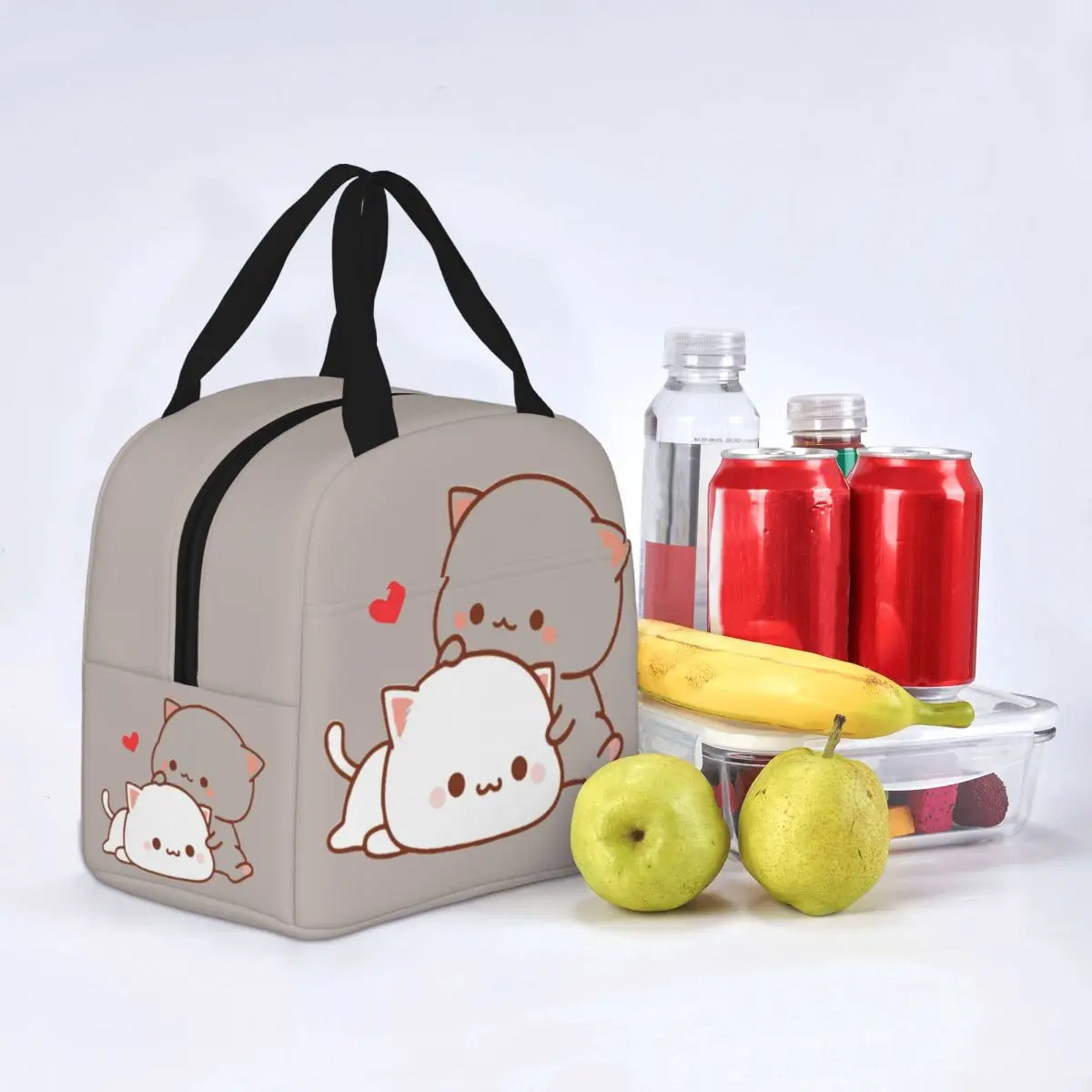 Kawaii Peach And Goma Cartoon Insulated Lunch Bag Cooler Bag Meal Container Mocha Mochi Peach Cat Portable Tote Lunch Box