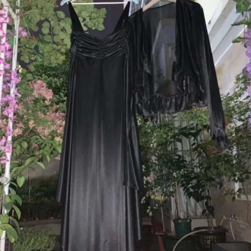Men Soft Glossy Sexy Women Silky Smooth Black Suspender Long Skirt Ruffled Short Shawl Jacket Top Set Loose Night Dress