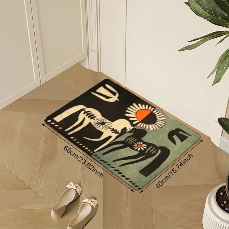 Abstract Animal Rug – Black/Beige Zebra & Antelope Silhouettes, Sun Motif, Non-Slip Backing, Indoor/Outdoor, Hand Washable