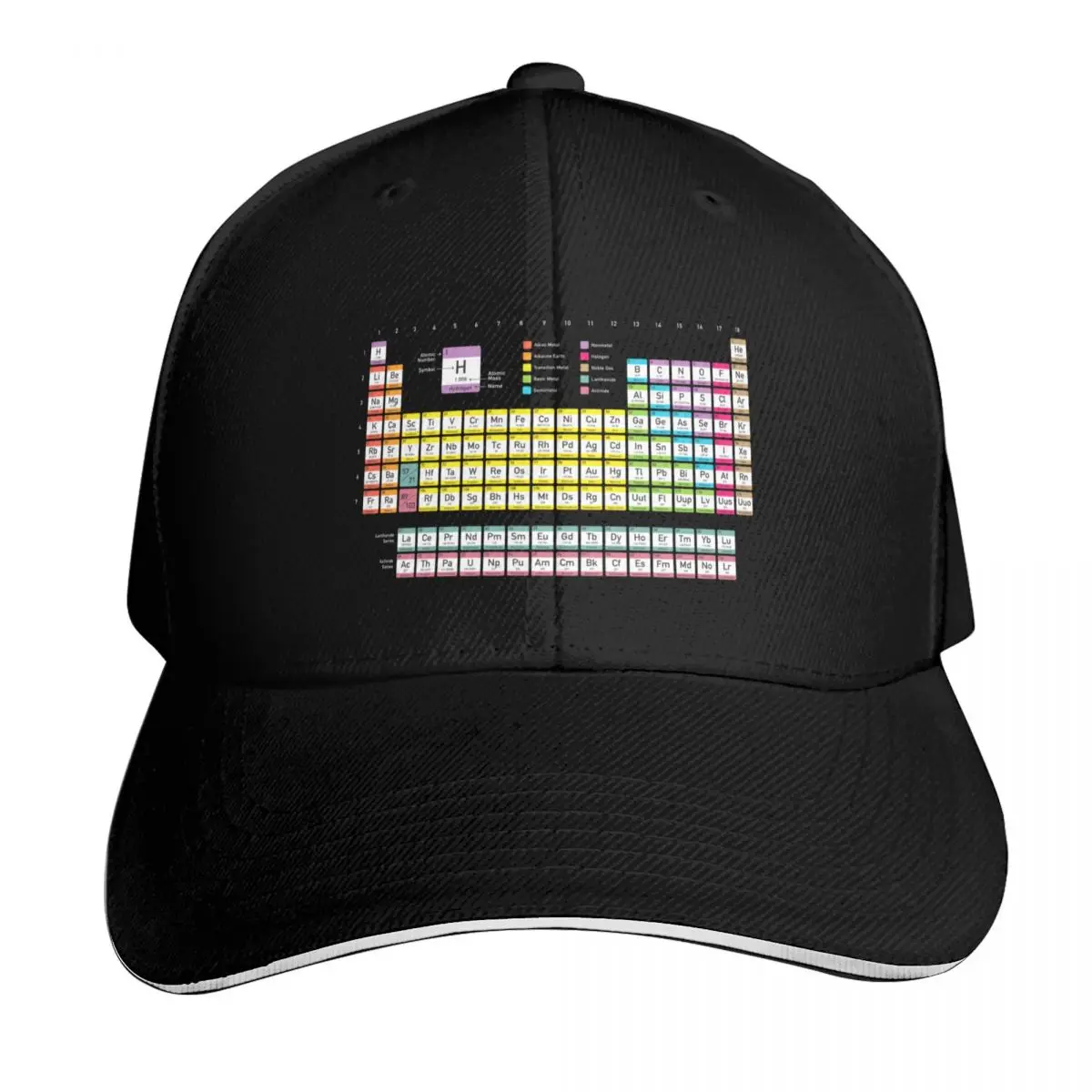 Periodic Table detailed with color code on black background HD High Quality Online Store Baseball Cap