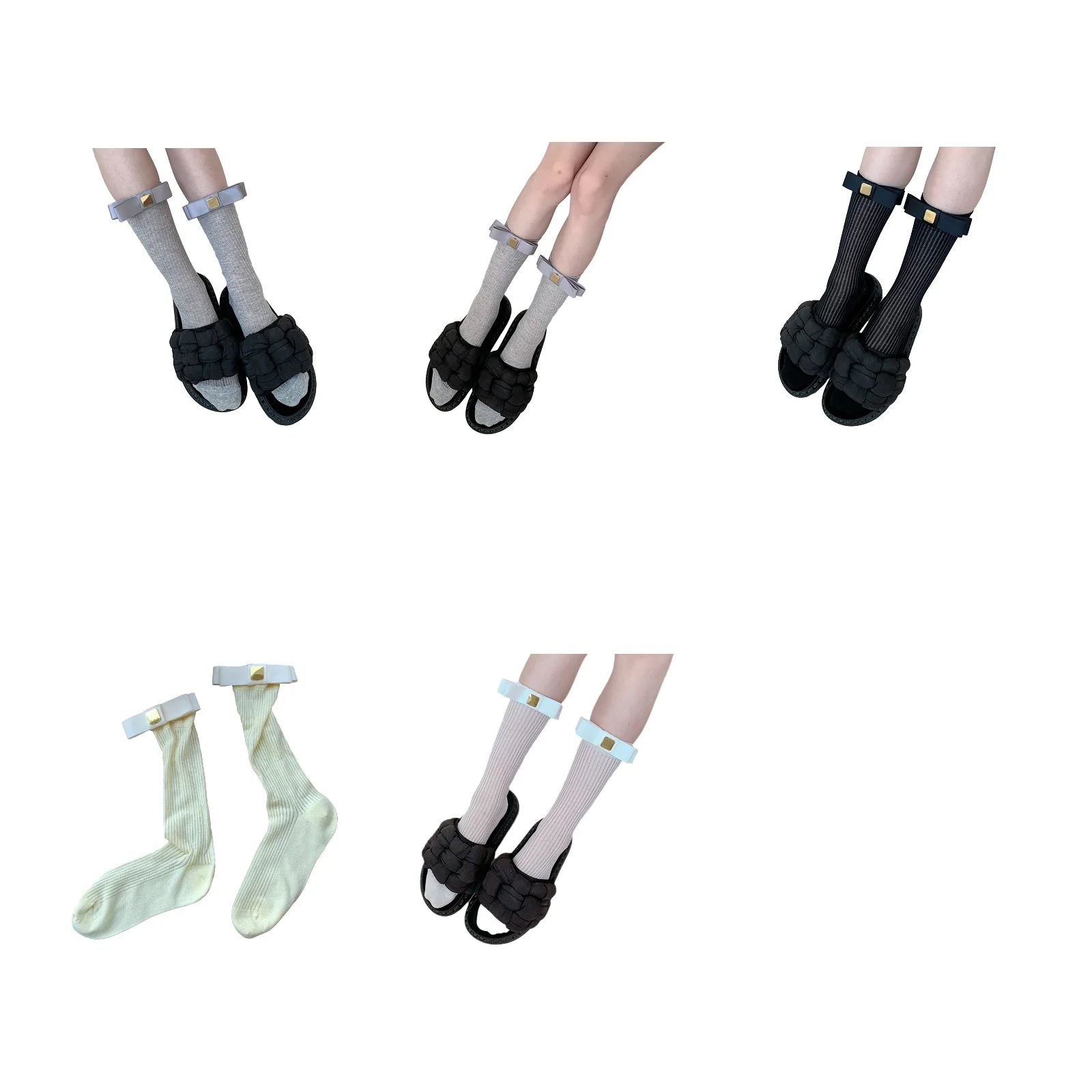 

One-line bow fine-grained socks five-color set (1 pair each of dark grey/light grey/black/beige/white)