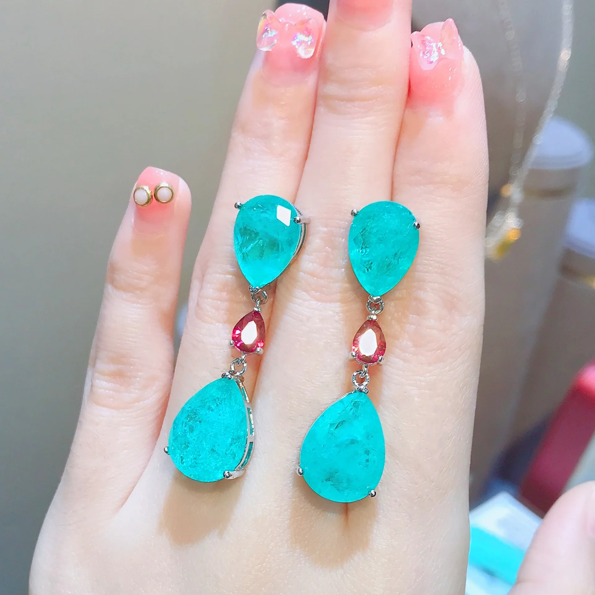 Luxury Simulation Emerald Paraiba Earrings Women's Simple Water Drop-shaped Green Dangle Earring Color Treasure Jewelry