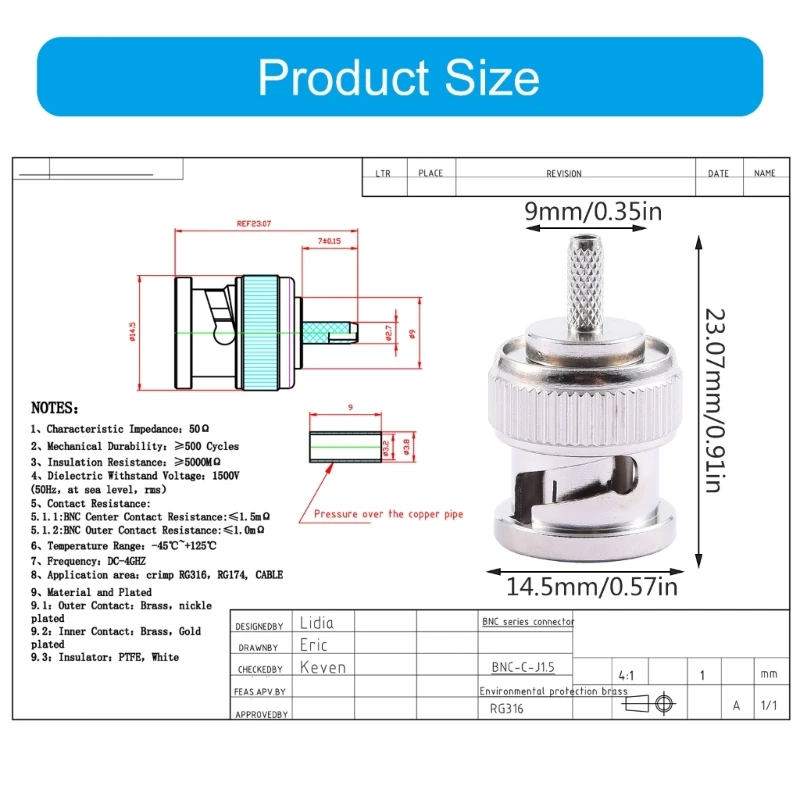 Adaptador transición señal BNC C J1.5 cobre, conector engarce para conector Coaxial radiofrecuencia para Cable