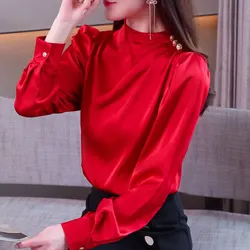 Blusa elegante de Cuello medio alto para mujer, ropa de oficina que combina con todo, camisa con botones y pliegues, primavera y otoño, 2024