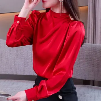 Office Lady Elegante camicetta a collo mezzo alto 2024 Primavera Autunno Tinta unita All-match Abbigliamento donna Camicia con bottoni pieghe moda