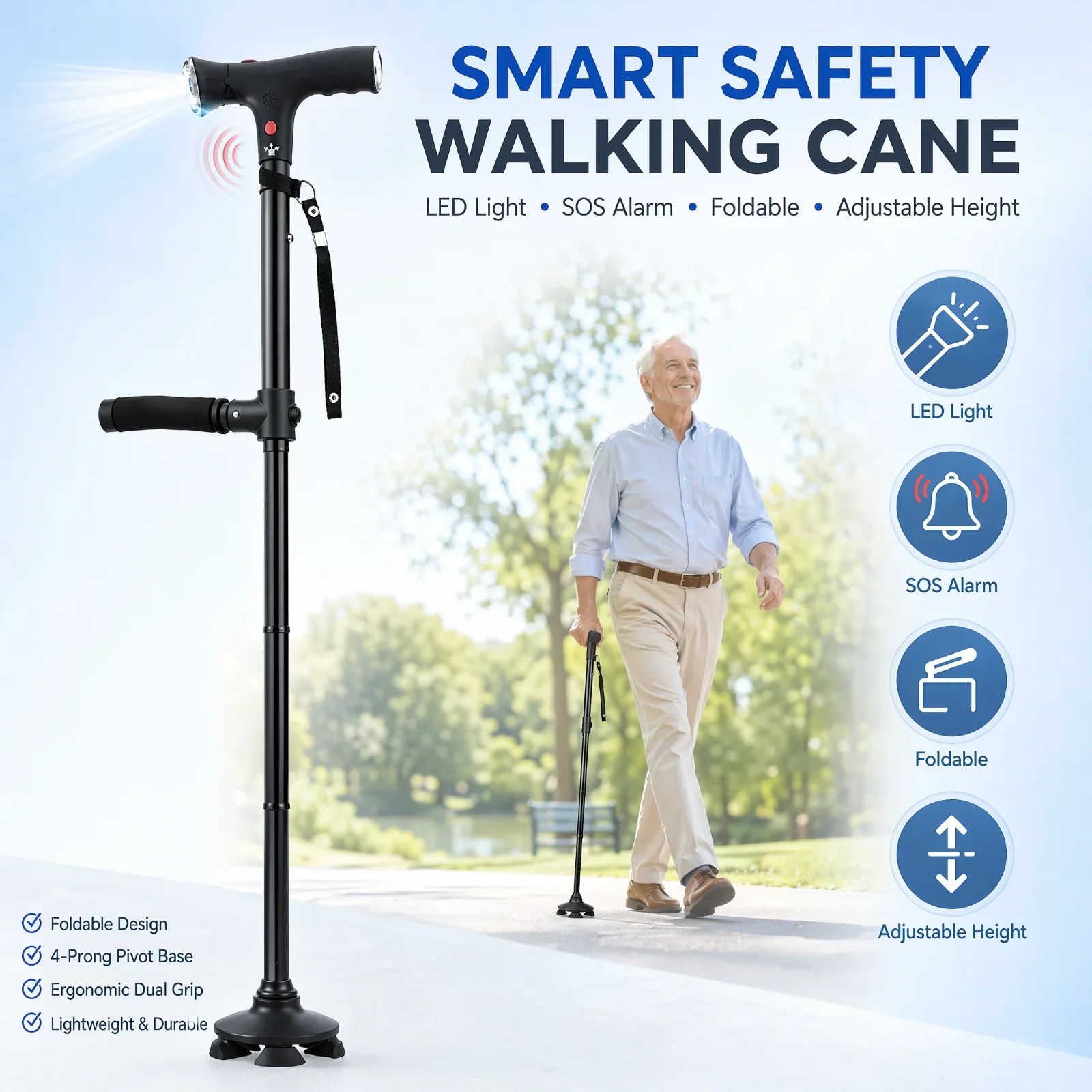 Foldable Walking Cane for Seniors LED Light SOS Alarm Adjustable Height Quad Base Dual Handle Lightweight Aluminum Mobility Aid
