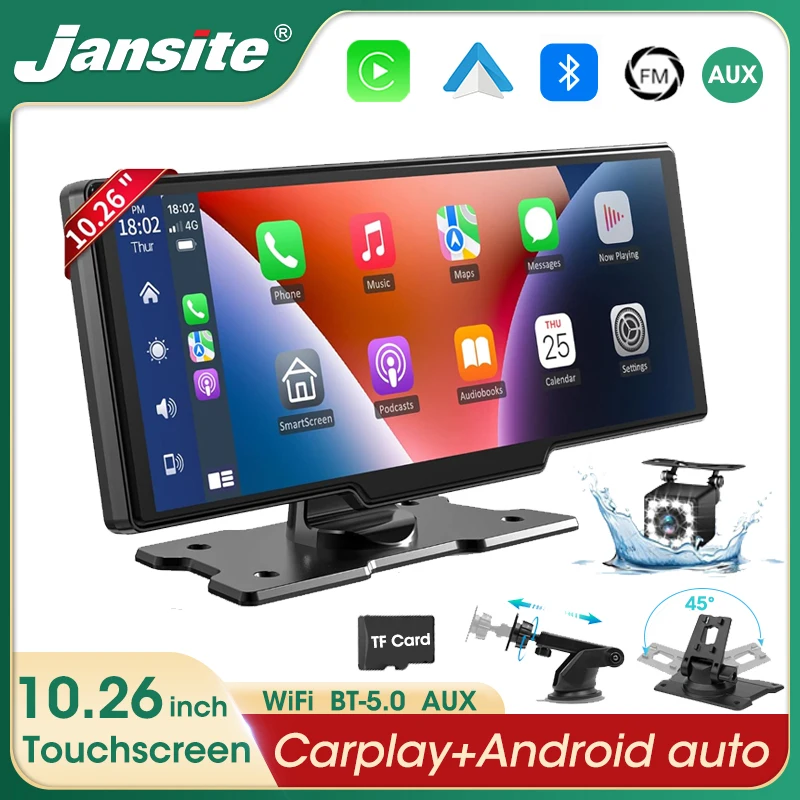 

Jansite 10.26 Inch Portable Wireless Carplay Android Auto Screen HD Rear Reversing Camera Car Radio DVR Multimedia Video Player