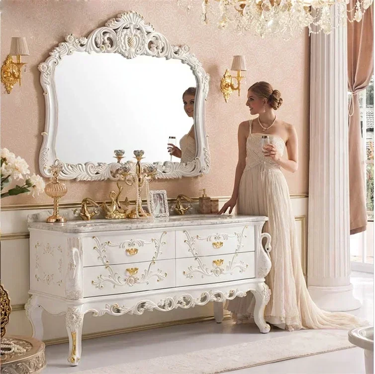 European-Style Bathroom Cabinet Wash Basin Antique Marble Countertop Oak Carved Bathroom Table
