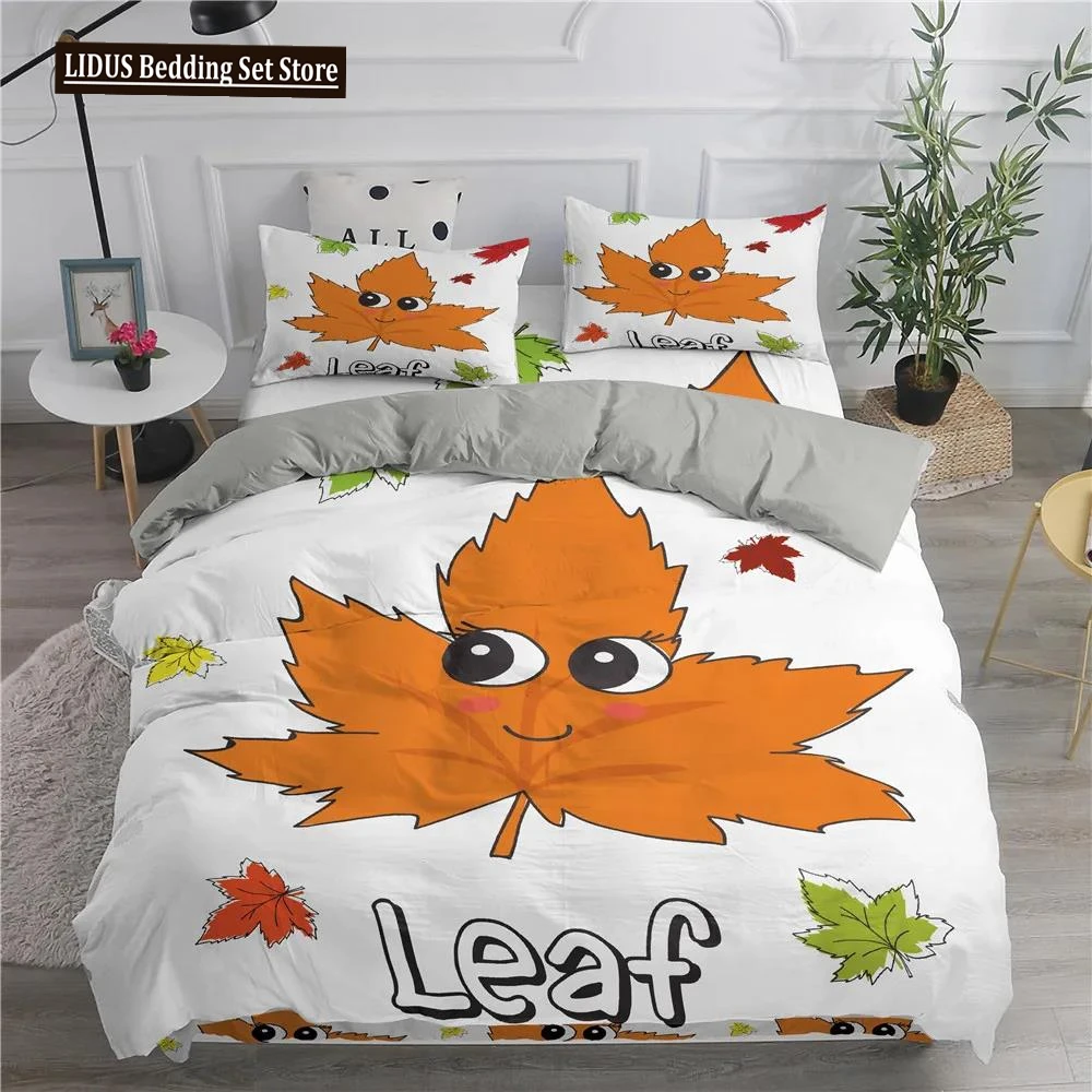 Maple Leaf King Queen Duvet Cover Lovely Orange Cartoon Leaves Bedding Set Kids Boys Tropical Plant 2/3pcs Polyester Quilt Cover