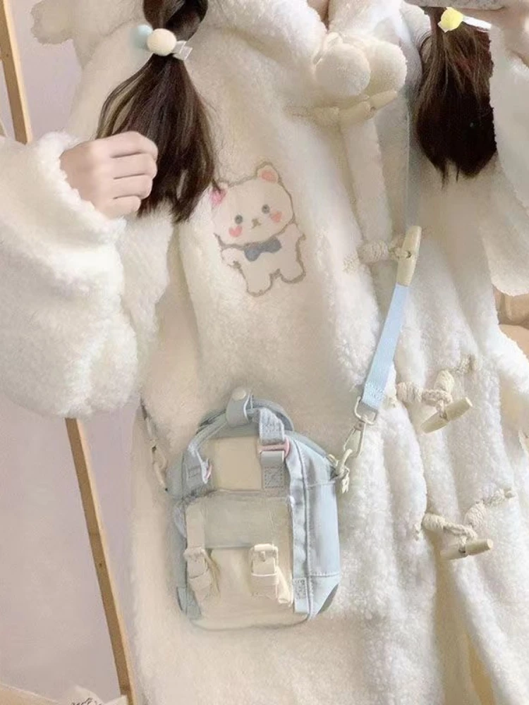 Winter Preppy Style Cartoon Embroidery Jacket Y2k Aesthetic Lamb Wool Women Hooded Coat Harajuku Warm Vintage Casual Pocket Tops