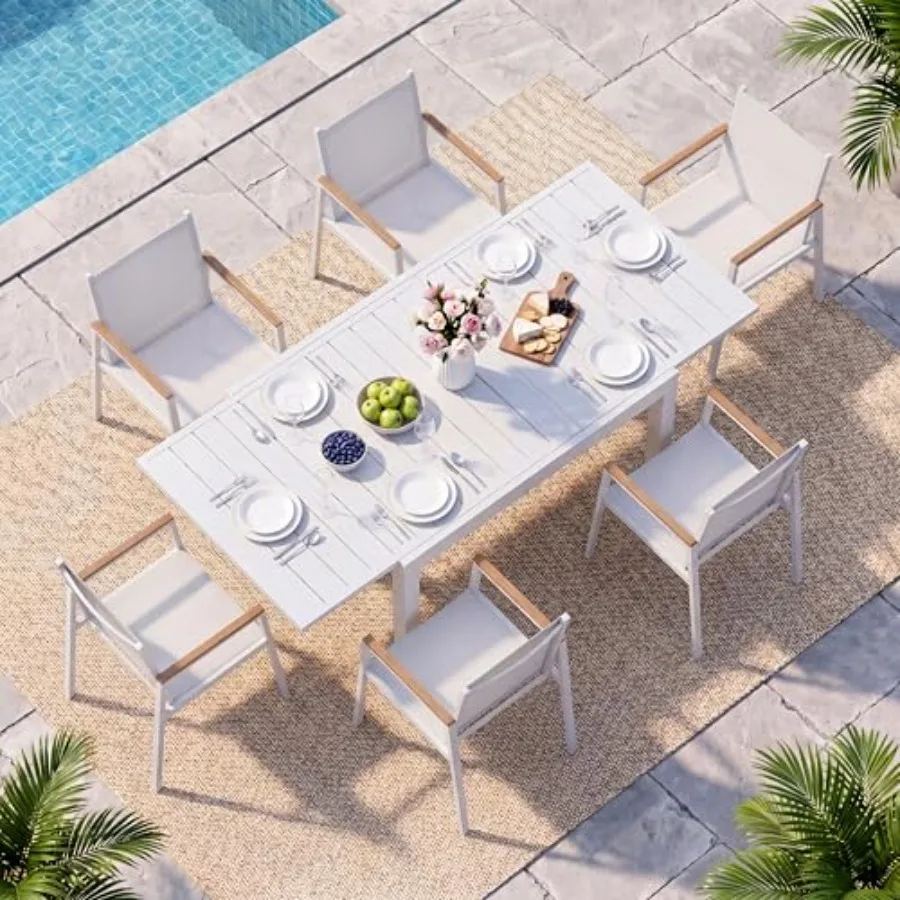 

Outdoor Aluminum Patio Dining Table Set for 6: Expandable Table + 6 Chairs, Textilene Fabric HDPE Armrests, Gray, All-Weather D