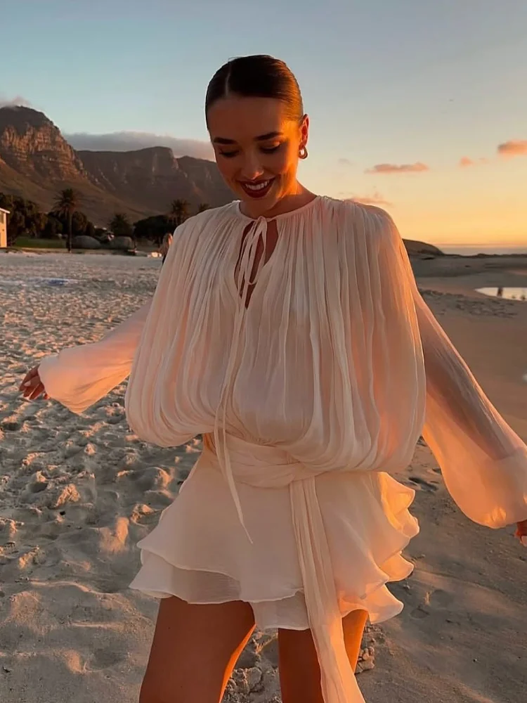 

Elegant Mesh Long Sleeves Mini Dress V-neck Lace Up Layered Ruffle Loose Women's Solid Robe With Belt Lady Summer New Beach Gown