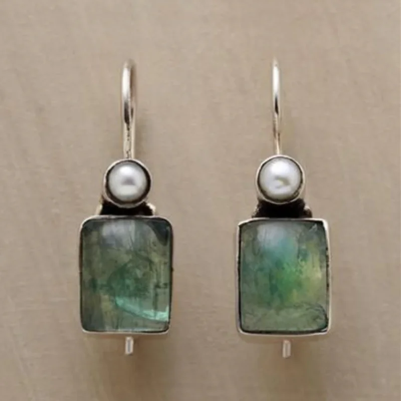 ORZTOON Fashion Retro Green Color Stone Square Shape Pearl Hang Earrings For Women Birthday Evening Party Jewelry