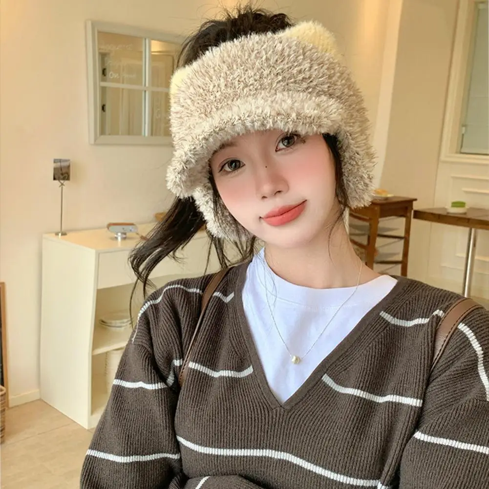 Winter Warm Plush Hat Winter Visor Cap with Ear Flaps Plush Hat with Brim Open Top Ponytail Winter Hat Cute Cat Ear for Women