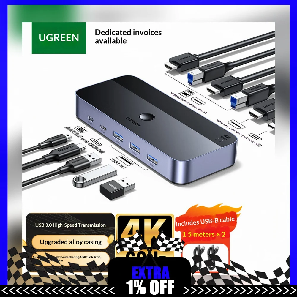 UGREEN 35765 CM664 HDMI 2.0 KVM Switch 2 In 1 Out 4K 60Hz for Two Computers One Monitor Keyboard Mouse
