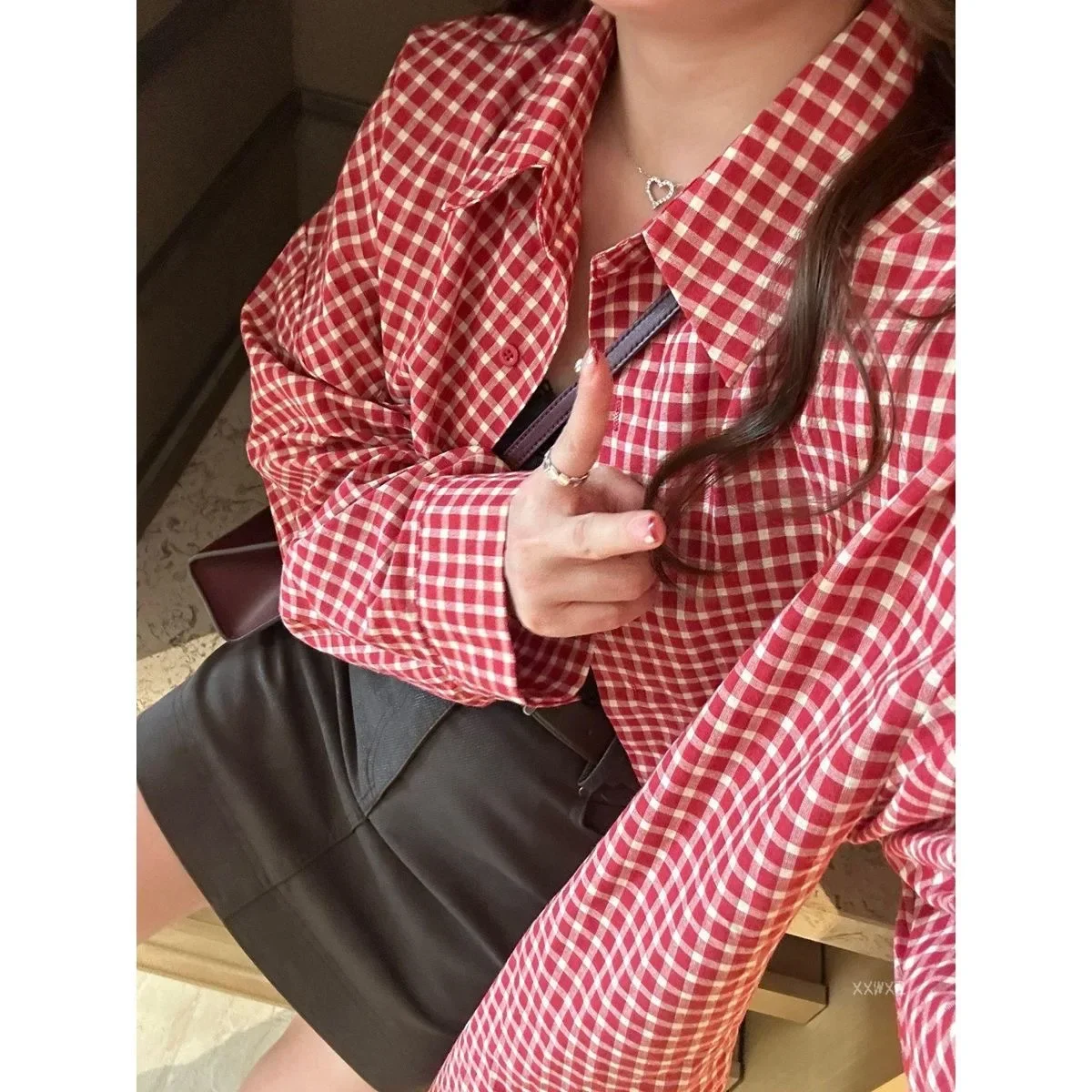 Pop Retro Korean Style Casual Red Plaid Shirt Women's College Fashion Long Sleeve Stripe Patterned Top Slim Fit Button Down