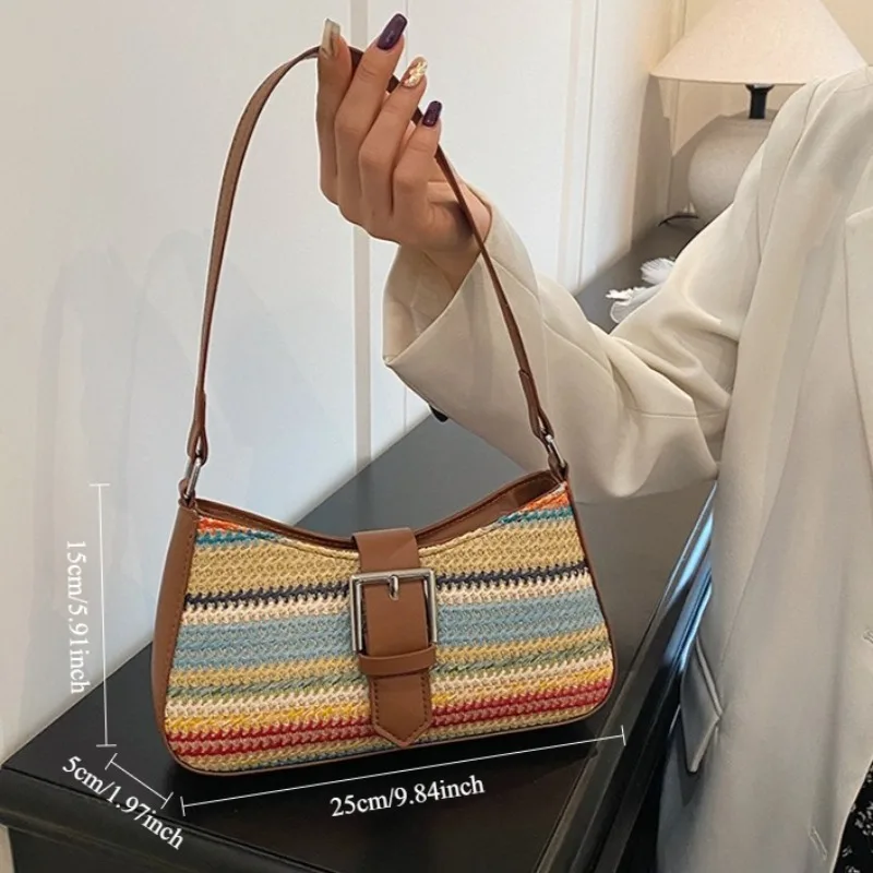 Mode Regenboog Gras Geweven Schoudertas Dames Banket Tas 2025, Lente Nieuwe Lichte Luxe Schoudertas met Okseltas