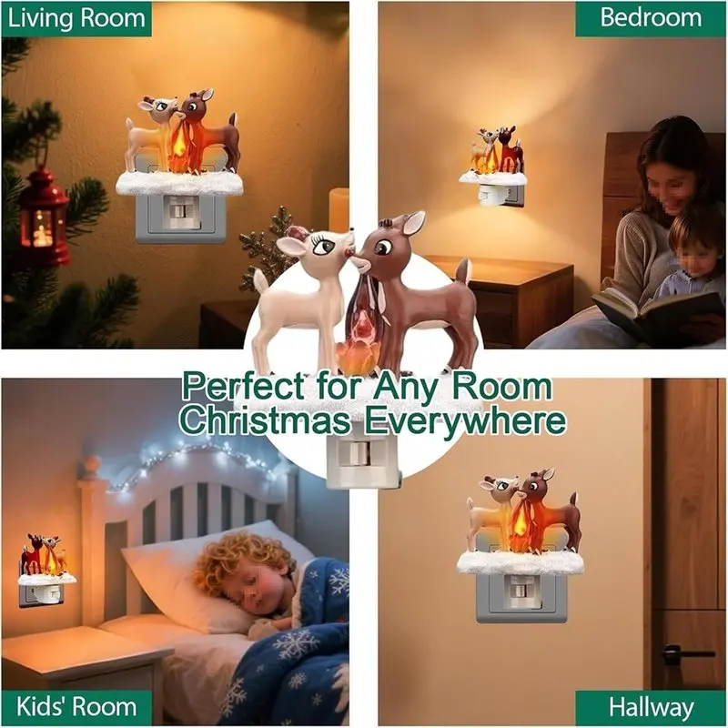 GTBL LED Faux Campfire Lamp With Flickering Flame, Reindeer Night Light For Christmas Decor, Twinkling Nightlight For Bedroom