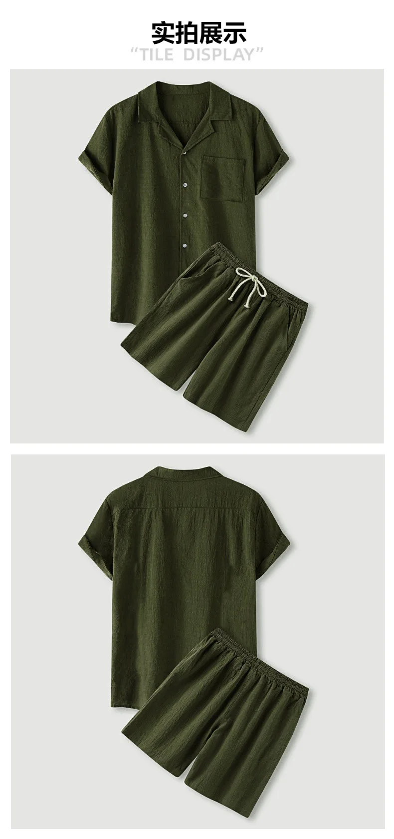 2026 Sommer Herren Einfarbiges Baumwoll-Leinen Zweiteiler-Set Revers Kurzarm-Hemd Passende Shorts Modisches Lockeres Freizeit-Outfit S bis – Detail 6